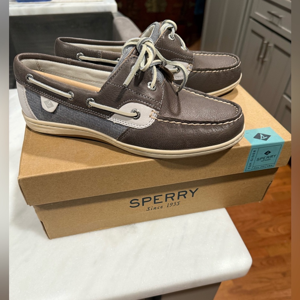 Sperry Women’s Koifish Waxy Canvas and Leafher Brown and Gray Boat Shoes NWT